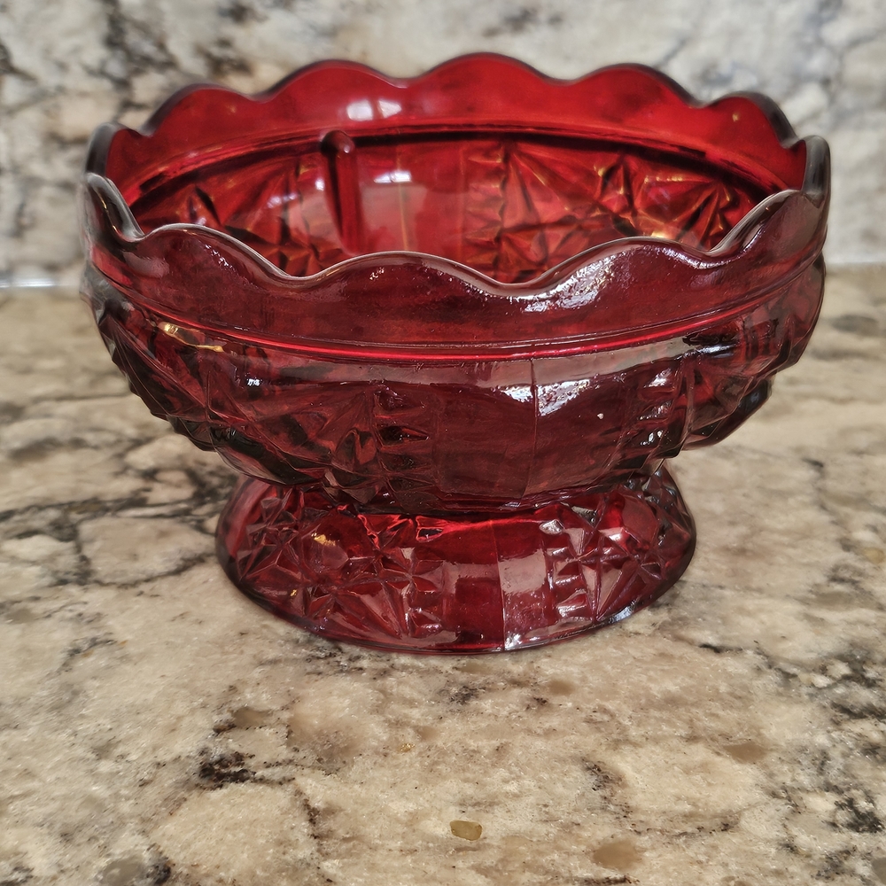 Red Scalloped Glass Pedestal Candy Dish